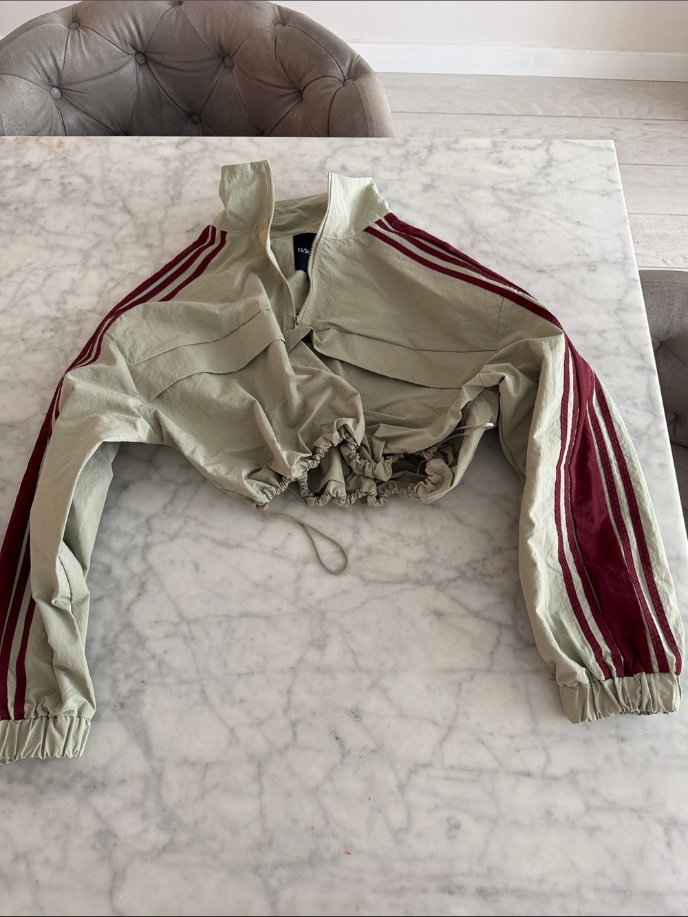 Fashion Nova Olive Green Cropped Bomber Jacket with Burgundy Stripes